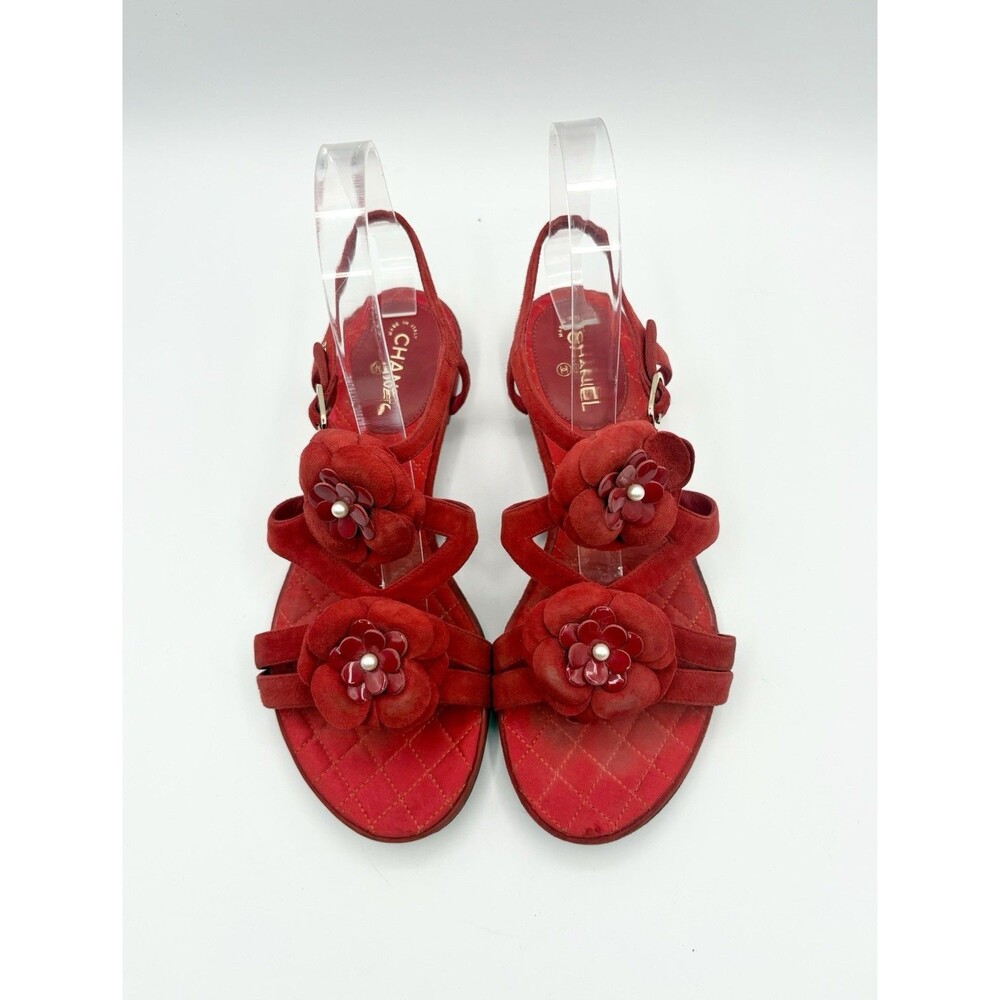 Chanel Red Suede Sandals w/ Camelia Flower Accents Pearls T Strap Size EU 37 - Picture 1 of 13